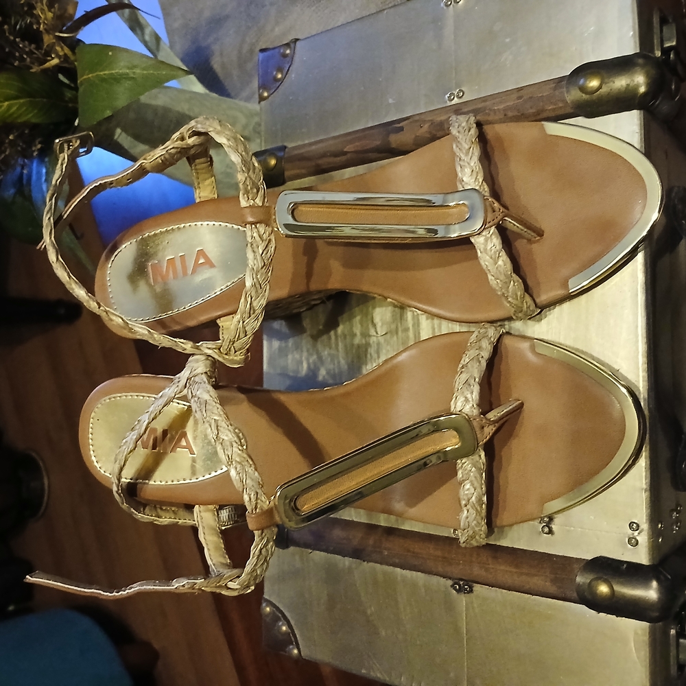 Women's Tan Wedge Sandals with Gold Accents - Picture 2 of 6